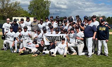 The Beloit College Baseball team celebrating their Midwest Conference tournament win in 2024.